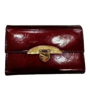 Lovcat Paris Burgundy Patent Leather Heart Embossed Wallet Crystal Gold Hardware